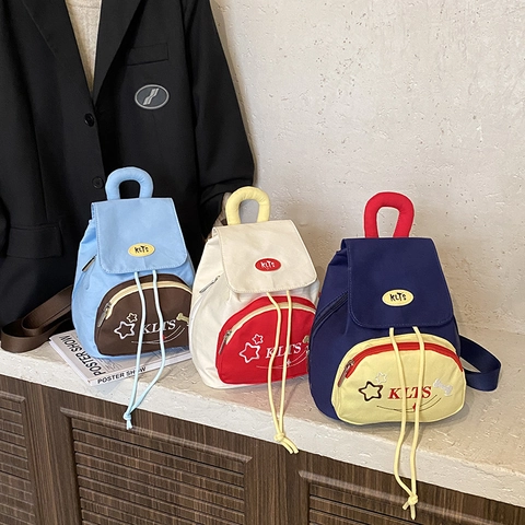 Kids Mini Backpack Canvas Contrast Color Star Embroidery Drawstring Flap Closure Adjustable Straps School Travel Daypack