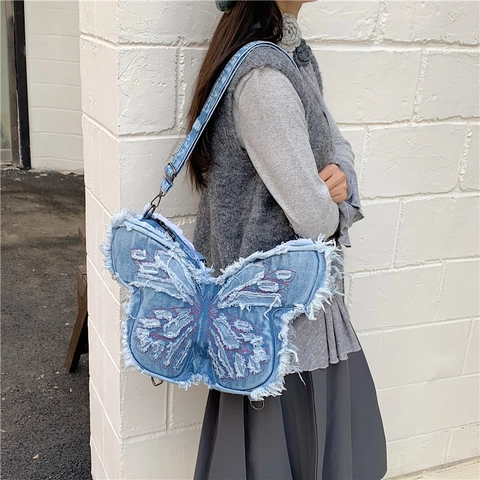 Butterfly Shaped Denim Crossbody Bag For Kids Frayed Edge Embroidered Washable Fabric Adjustable Strap Casual Stylish