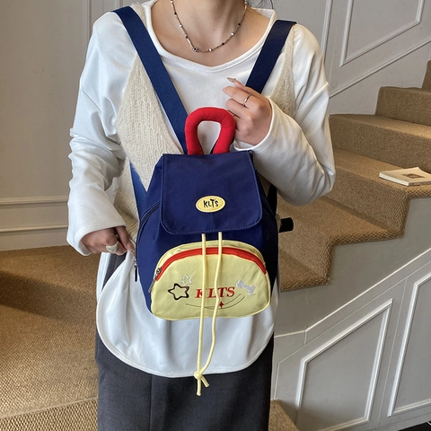 Kids Mini Backpack Canvas Contrast Color Star Embroidery Drawstring Flap Closure Adjustable Straps School Travel Daypack