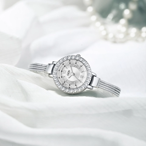 Women Quartz Watch Elegant Rhinestone Crystal Bezel Mesh Strap Round Dial Fashion Luxury Waterproof Wristwatch