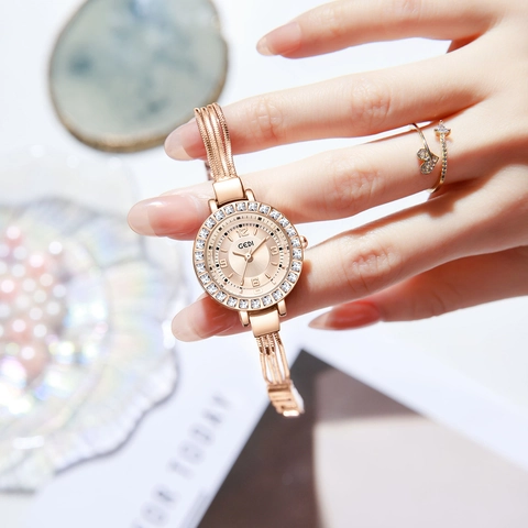 Women Quartz Watch Elegant Rhinestone Crystal Bezel Mesh Strap Round Dial Fashion Luxury Waterproof Wristwatch