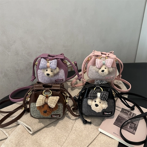 Kids Crossbody Bag Mini Bucket Handbag PU Leather Tweed Patchwork Plush Animal Decoration Drawstring Closure Sweet Girls