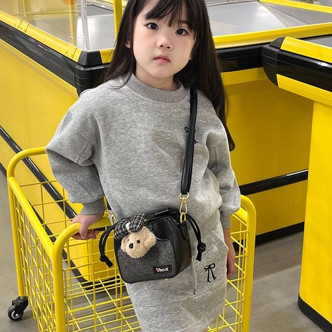 Kids Crossbody Bag Mini Bucket Handbag PU Leather Tweed Patchwork Plush Animal Decoration Drawstring Closure Sweet Girls