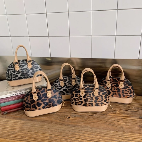 Kids Mini Shell Shoulder Bag Leopard Print PU Leather Metal Chain Top Handle Trendy Crossbody Bag