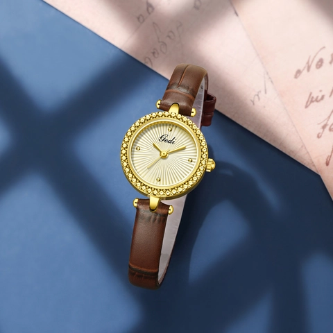 Women Fashion Quartz Watch Sunray Texture Dial Rhinestone Bezel Leather Strap Elegant Minimalist Wristwatch Analog