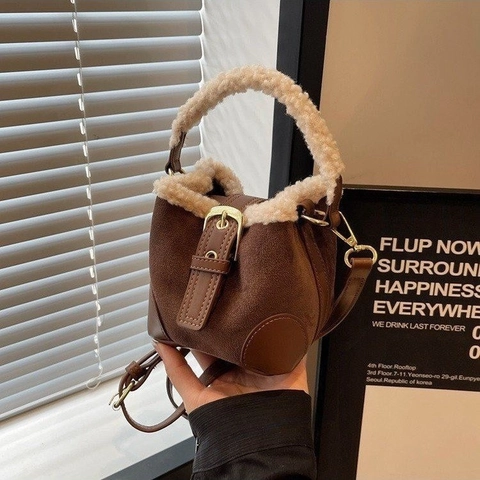Kinder Retro Herbst Winter Eimer Tasche Wildlederimitat Sherpa Besatz Umhängetasche Schultertasche Handtasche Für Mädchen