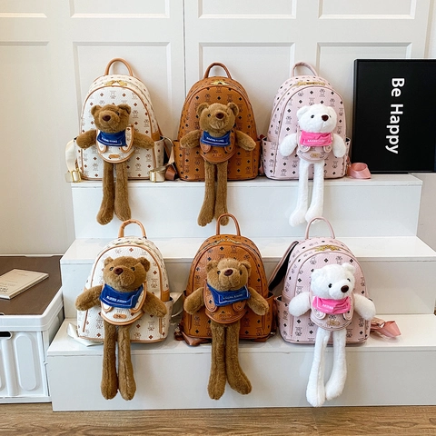Zaino Da Donna In Pelle PU Alla Moda Con Orsetto Di Peluche Stampa Monogramma Grande Capacità Zainetto Per Ragazze