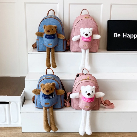 Mochila De Oso De Peluche De Dibujos Animados Creativa Denim PU Gran Capacidad Bolsa Escolar Para Niñas