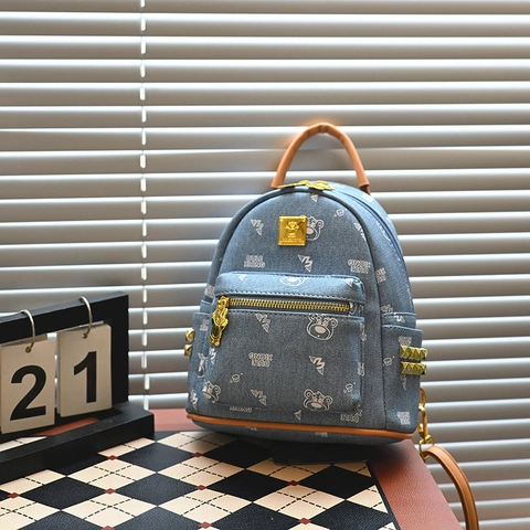 Mini Mochila Estilo Denim Cuero PU Estampado Oso Dibujos Animados Remaches Decoración Moda Casual Para Mujer