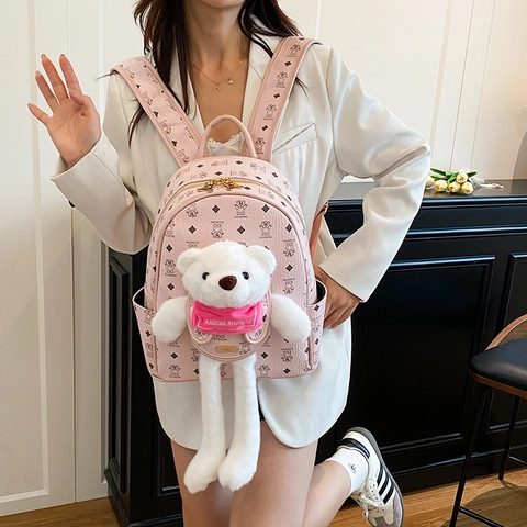 Zaino Da Donna In Pelle PU Alla Moda Con Orsetto Di Peluche Stampa Monogramma Grande Capacità Zainetto Per Ragazze