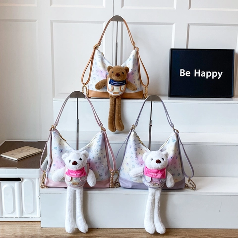 Borsa A Tracolla In Pelle PU Con Stampe E Orsetto Di Peluche Catena Borsa Hobo Da Donna