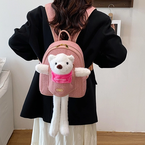 Mochila De Oso De Peluche De Dibujos Animados Creativa Denim PU Gran Capacidad Bolsa Escolar Para Niñas