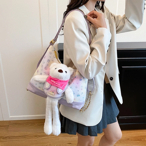 Borsa A Tracolla In Pelle PU Con Stampe E Orsetto Di Peluche Catena Borsa Hobo Da Donna