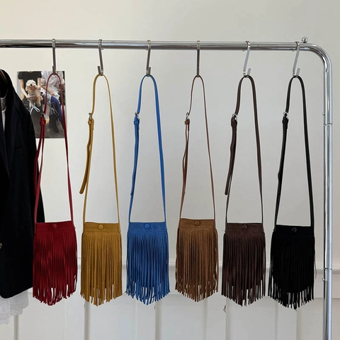 Mini Crossbody Bag Frosted PU Leather Fringe Tassel Design Magnetic Closure Street Style For Women Accessory