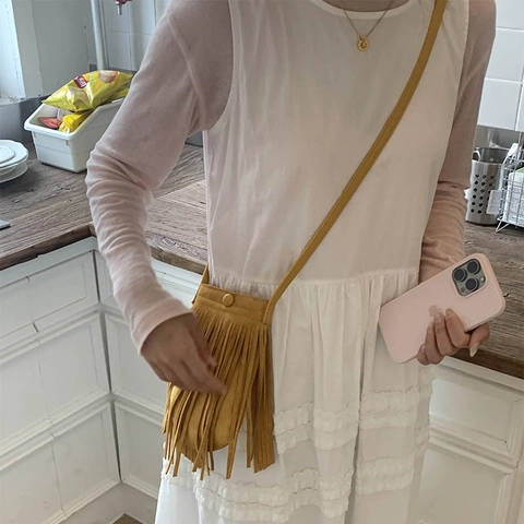 Mini Crossbody Bag Frosted PU Leather Fringe Tassel Design Magnetic Closure Street Style For Women Accessory