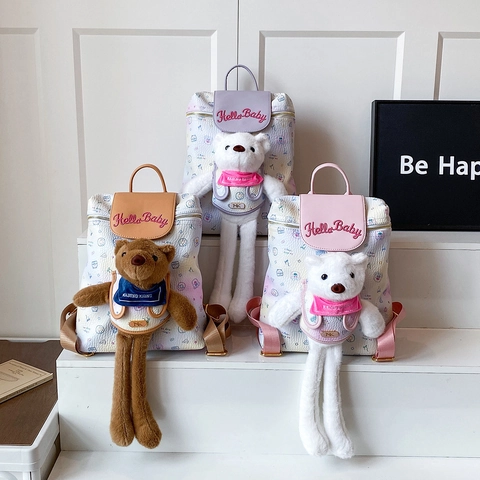 Schattige Cartoon Kinderrugzak Met Afneembare Pluche Beer PU-Leer Hello Baby Borduurwerk Kawaii Voor Meisjes