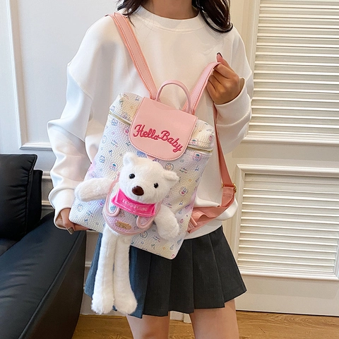 Schattige Cartoon Kinderrugzak Met Afneembare Pluche Beer PU-Leer Hello Baby Borduurwerk Kawaii Voor Meisjes