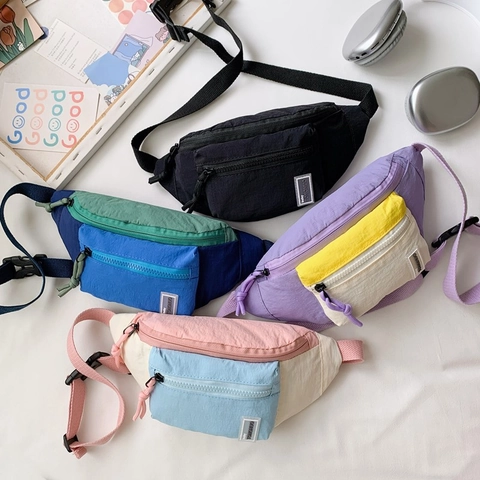 Sac Banane Enfant Sac De Poitrine Color-Block Nylon Sangle Réglable Plusieurs Poches Sport Décontracté Pour Garçons Filles