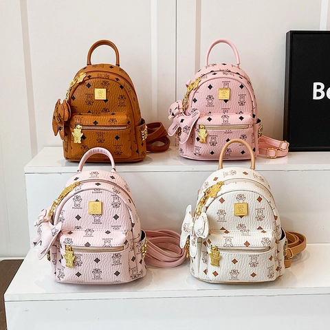 Mini Mochila De Moda Cuero PU Estampado De Oso Patrón Diamante Decoración Remaches Para Mujeres Casual Escolar
