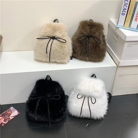 Plush Faux Fur Fashion Backpack Women Solid Color Drawstring Magnetic Closure Sweet Elegant Daily Winter Autumn Bag