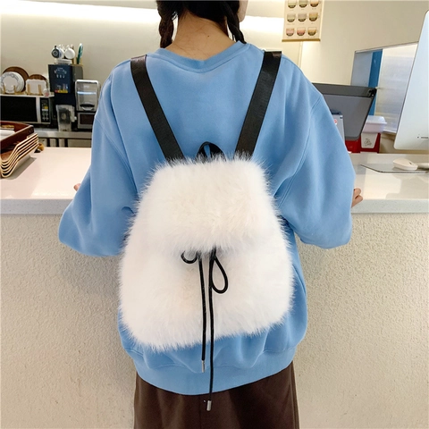 Plush Faux Fur Fashion Backpack Women Solid Color Drawstring Magnetic Closure Sweet Elegant Daily Winter Autumn Bag