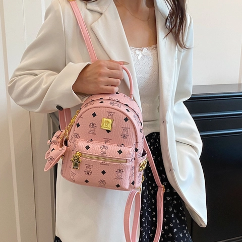 Mini Mochila De Moda Cuero PU Estampado De Oso Patrón Diamante Decoración Remaches Para Mujeres Casual Escolar