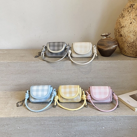Kids Mini Plaid Schoudertas PU Leer Gingham Patroon Knoop Handvat Metalen Ketting Crossbody Handtas Voor Peis Meisjes