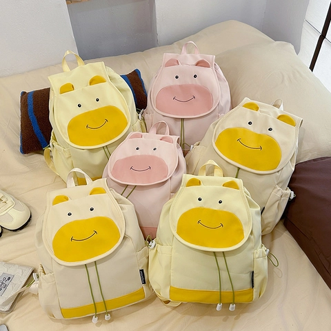 Cartoon Cow Backpack Nylon Large Capacity Drawstring School Bag Cute Sweet Style For Students Girls Casual Travel