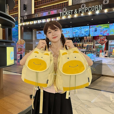 Cartoon Cow Backpack Nylon Large Capacity Drawstring School Bag Cute Sweet Style For Students Girls Casual Travel