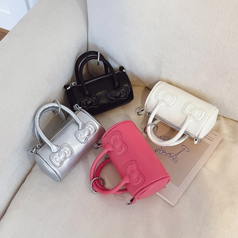 Mini Barrel Handbag Kids Crossbody Bag PU Leather Bowknot Decor Double Handles Adjustable Strap For Girls Daily Casual