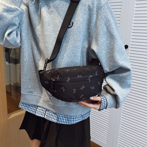 Kids Waist Bag Cute Bow Print Nylon Polyester Chest Crossbody Pack For Girls Toddlers Adjustable Strap Daily Use