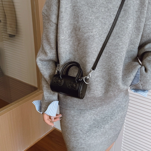 Mini Barrel Handbag Kids Crossbody Bag PU Leather Bowknot Decor Double Handles Adjustable Strap For Girls Daily Casual