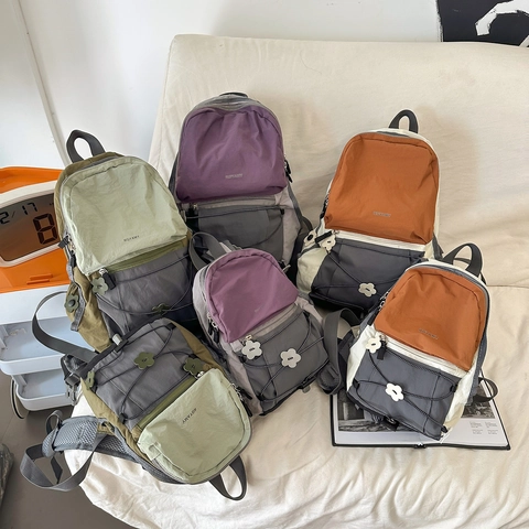 Mochila Nylon Ligera Mujeres Bloque De Color Contraste Aire Libre Viaje Senderismo Escolar Cuerda Cruzada Flor