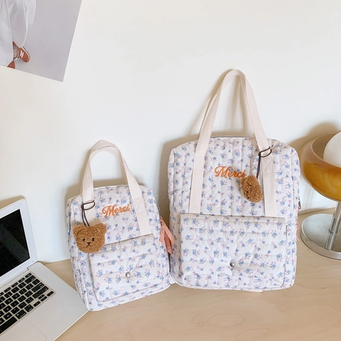 Zaino Trapuntato A Fiori Per Bambini Borsa Kawaii Ricamo Merci Cartella Per Bambini Con Ciondolo A Forma Di Orso Peluche
