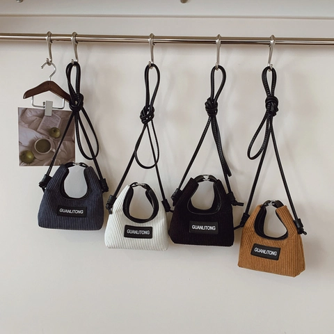 Mini Bolso Bandolera Niños Pana Color Sólido Asa Redonda Bolso De Hombro Para Niñas Niños Pequeños Estilo Coreano Parche Letras