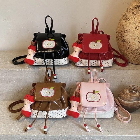 Kids Mini Backpack Shiny PU Leather Apple Embroidery Polka Dot Toddler School Bag Cute Decorative Bag With Charm
