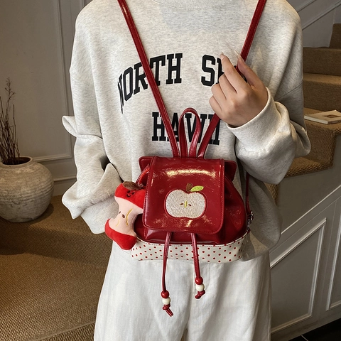 Kids Mini Backpack Shiny PU Leather Apple Embroidery Polka Dot Toddler School Bag Cute Decorative Bag With Charm