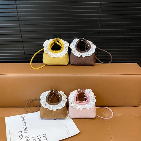 Mini Kids Crossbody Tas Suede Materiaal Kant Ruches Decor Zoete Vintage Stijl Handtas Voor Meisjes