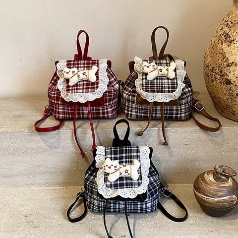 Mini Plaid Rucksack Für Mädchen Mit Spitzenbesatz Und Plüsch Katze Kawaii Kindergarten Tasche Aus PU Leder