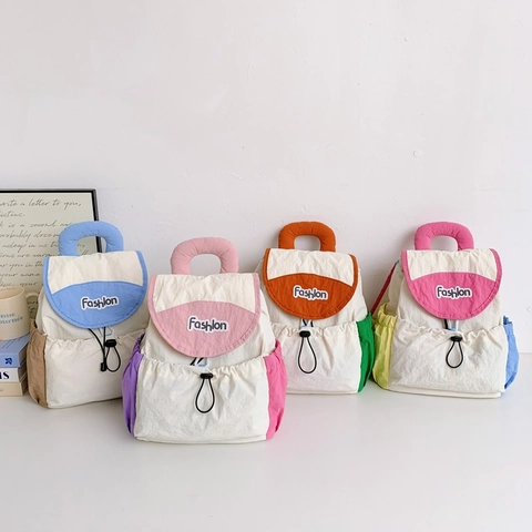 Mochila Para Niños Nylon Ligero Bloque De Color Cierre Con Cordón Moda Casual Bolso Escolar Para Niños Niñas