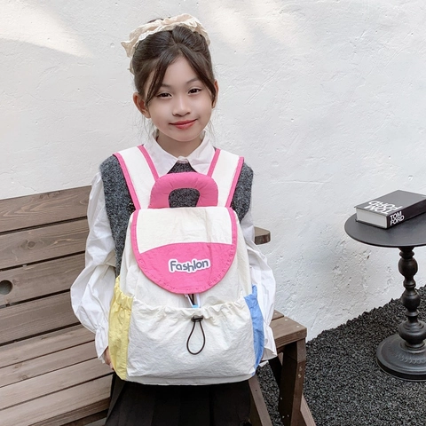 Mochila Para Niños Nylon Ligero Bloque De Color Cierre Con Cordón Moda Casual Bolso Escolar Para Niños Niñas