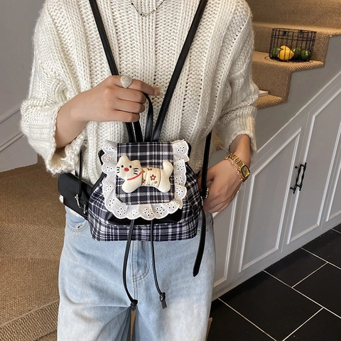 Mini Plaid Rucksack Für Mädchen Mit Spitzenbesatz Und Plüsch Katze Kawaii Kindergarten Tasche Aus PU Leder