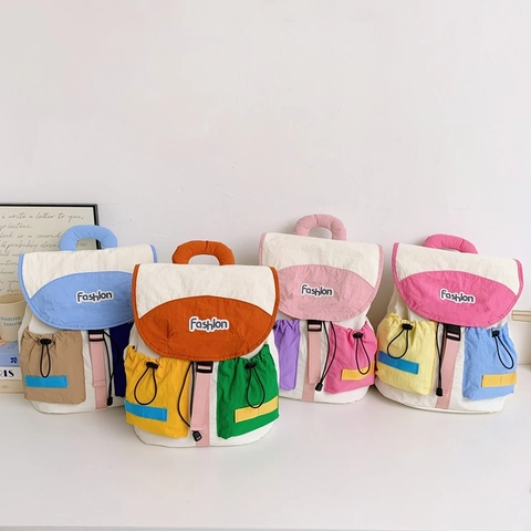 Zaino Scolastico Colorblock Per Bambini Nylon Impermeabile Chiusura Con Patta Tasche Coulisse Moda Colori A Contrasto