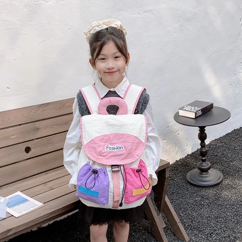 Zaino Scolastico Colorblock Per Bambini Nylon Impermeabile Chiusura Con Patta Tasche Coulisse Moda Colori A Contrasto