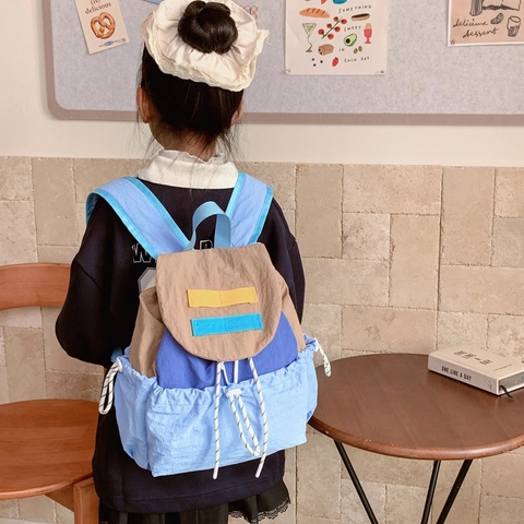 Mochila Infantil Bloque De Color Nylon Cordón Gran Capacidad Escuela Para Niños Niñas Tendencia Viaje