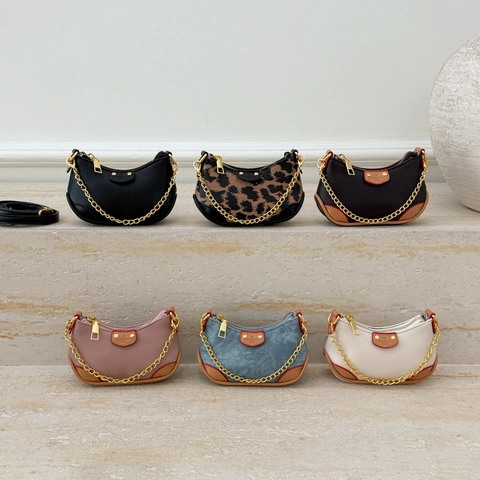 Mini Kids Half Moon Crossbody Bag PU Leather Denim Leopard Print Chain Strap Stylish Shoulder Handbag For Boys Girls