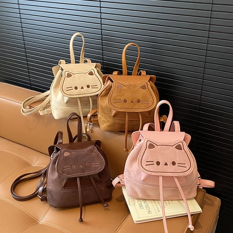 Petit Sac À Dos Enfants Dessin Animé Chat Forme Daim PU Dépoli Mignon Sac École Bambin Cordon Rabat Filles