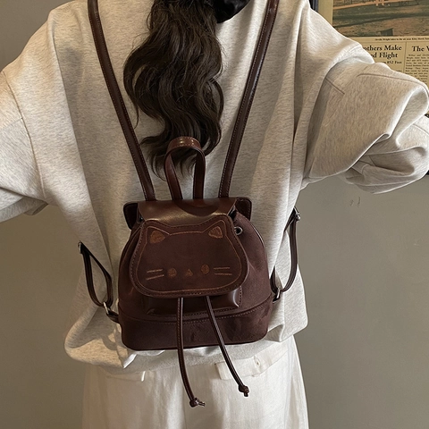 Petit Sac À Dos Enfants Dessin Animé Chat Forme Daim PU Dépoli Mignon Sac École Bambin Cordon Rabat Filles