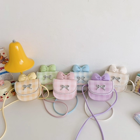 Borsa A Tracolla Mini Per Bambine In Pelle PU A Quadretti Gingham Con Grande Fiocco E Bordo In Pizzo