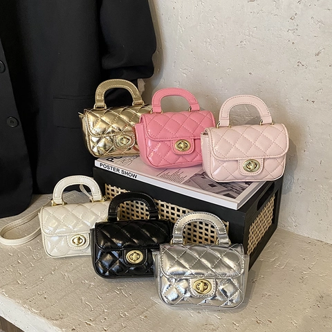 Mini Quilted Shoulder Bag For Girls PU Leather Diamond Lattice Top Handle Crossbody Handbag Fashionable Princess Style